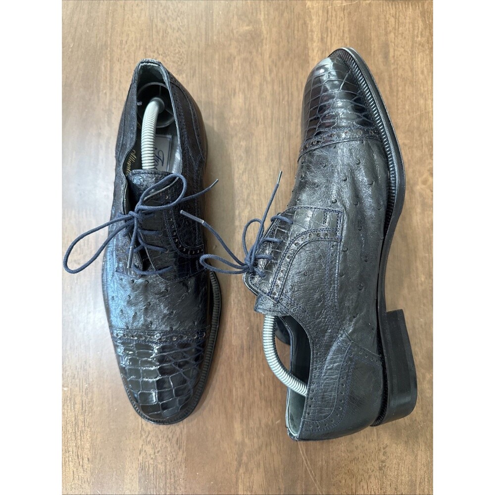 Forli Navy Genuine Alligator Ostrich Exotic Leather Cap Toe Lace Up Shoes Mens 9